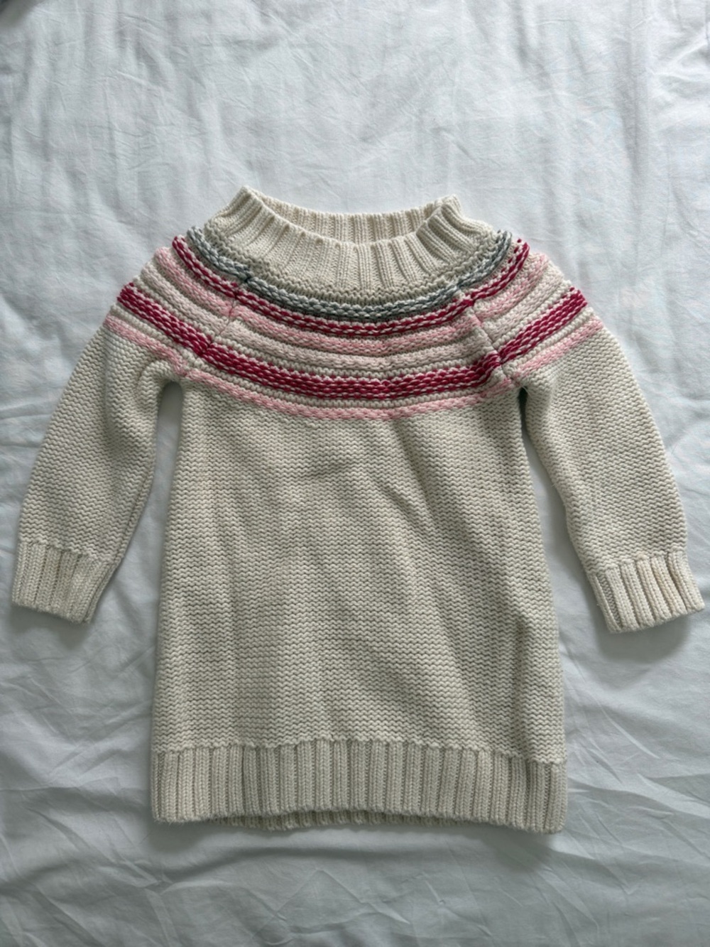 GAP Cream Knit Sweater with Pink and Gray Stripe Yoke